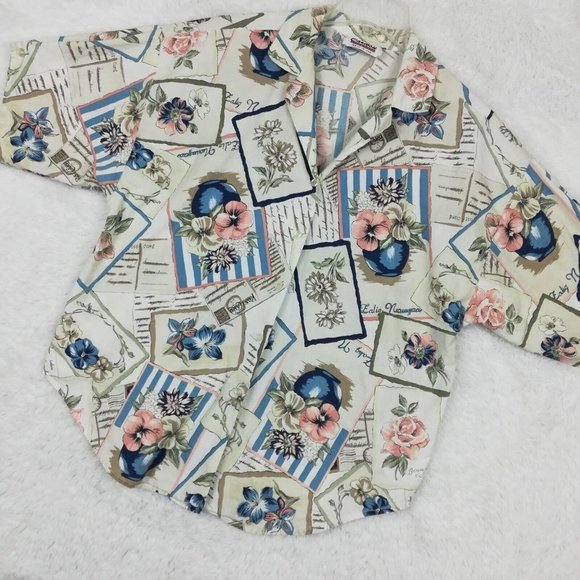 Vintage Caribou Womens Shirt Button Down Short Sleeve Floral Notched Collar XL - Picture 9 of 12